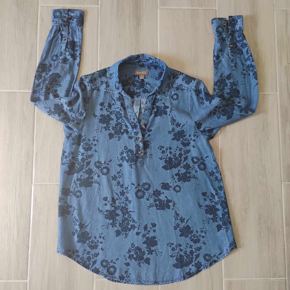 Style & Co. Blue Floral Blouse PS Petite Small Long Sleeve Button Front Top - Picture 2 of 5